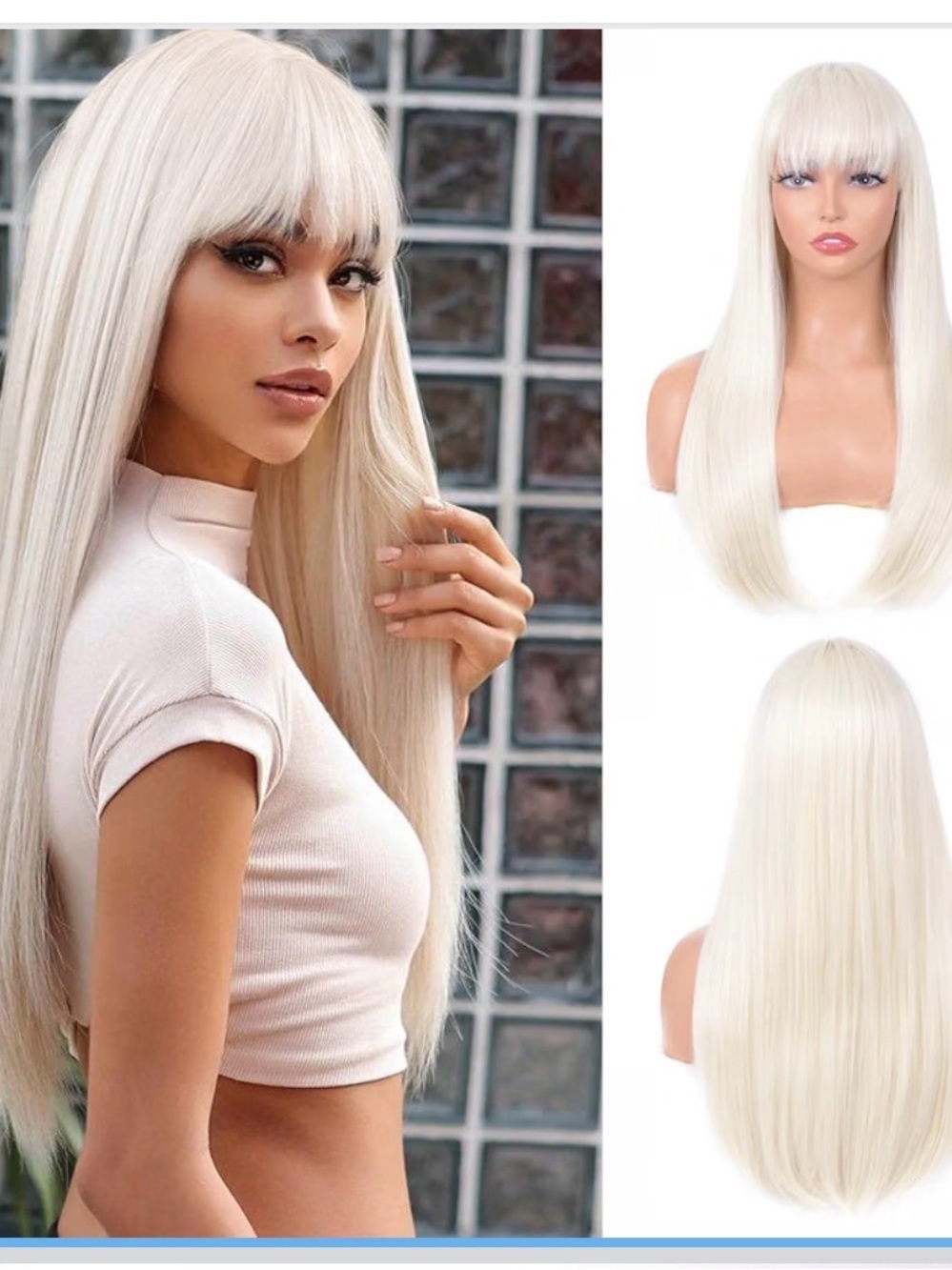T-color,Platinum blonde Wig with Bangs long straight,24”
